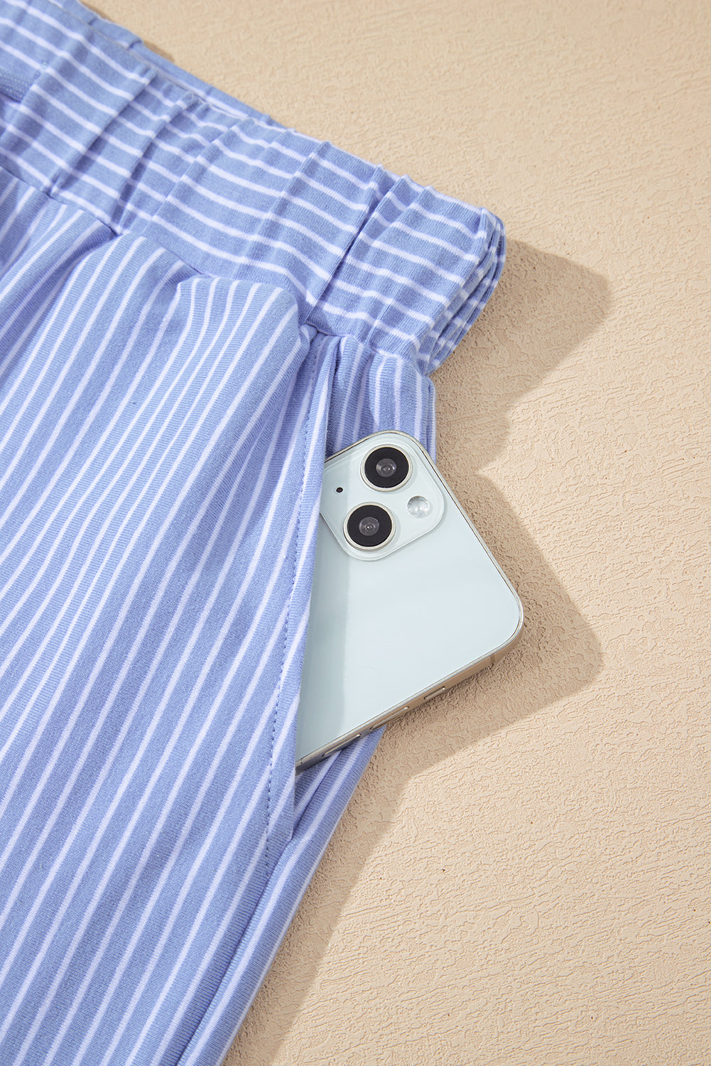 Sky Blue Striped Dolman Sleeve Pullover and Drawstring Shorts Set