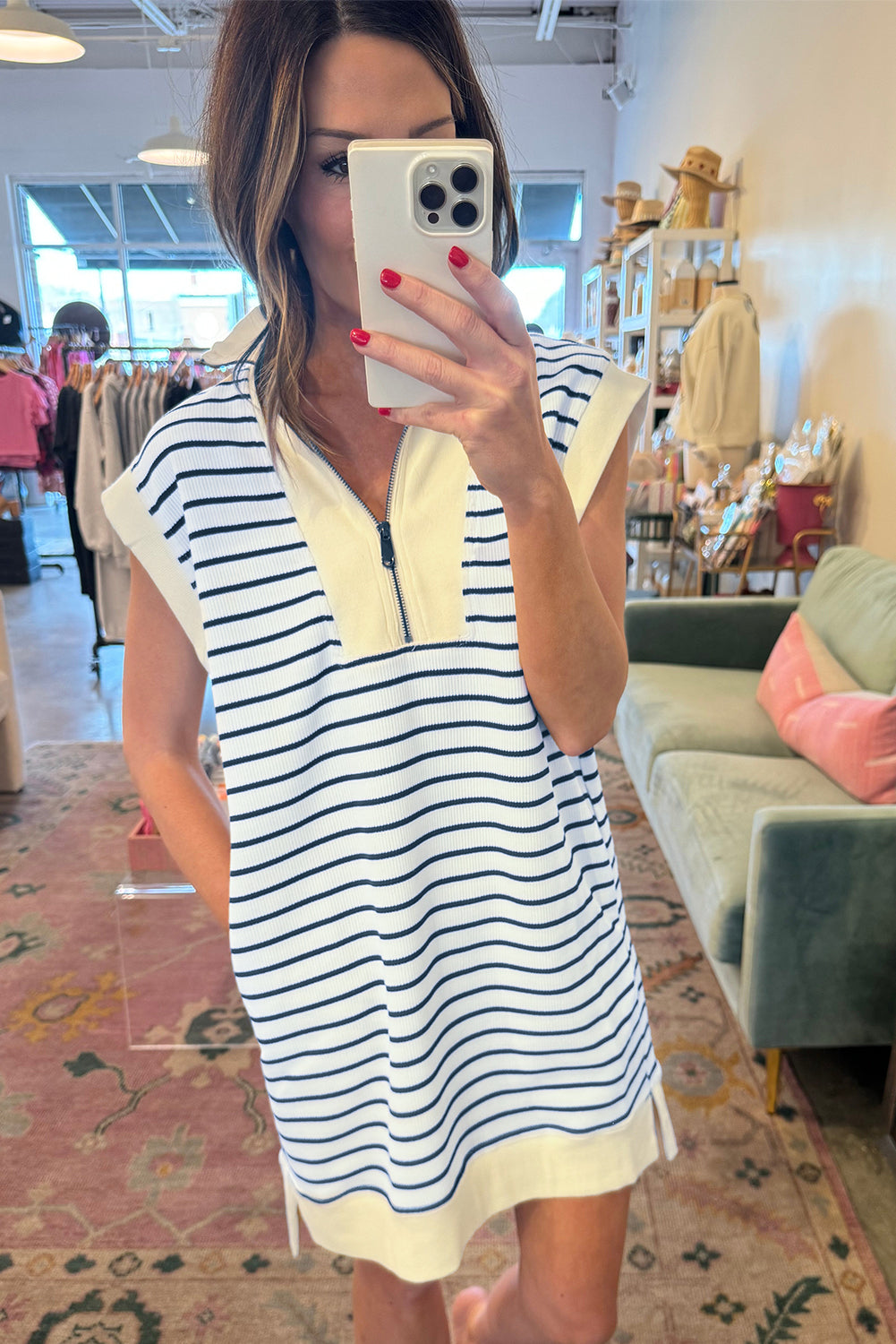 Navy Blue Striped Quarter Zip Collar Cap Sleeve Mini Dress