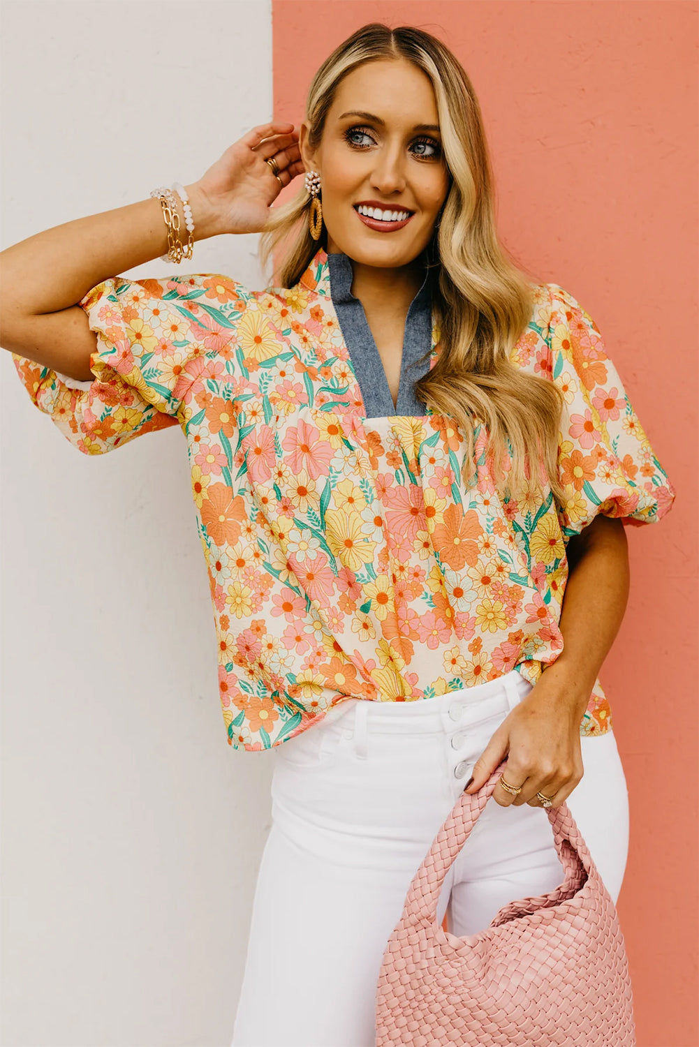 Multicolour Boho Floral V-Neck Puff Sleeve Blouse