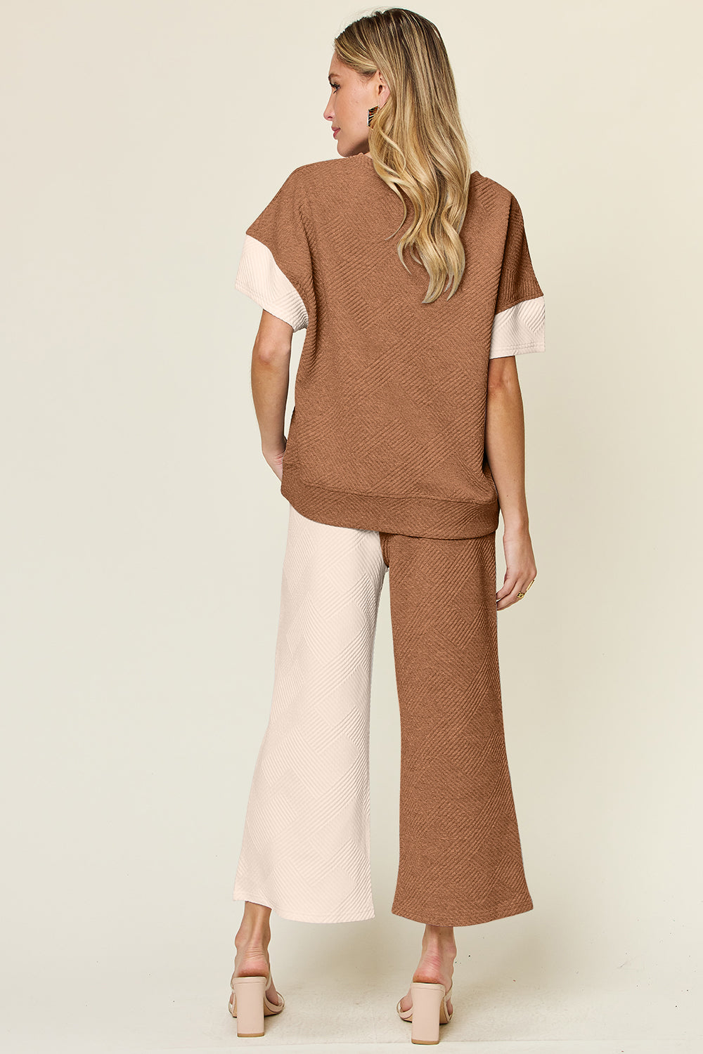 Double Take Full Size Texture Contrast T-Shirt and Wide Leg Pants Set