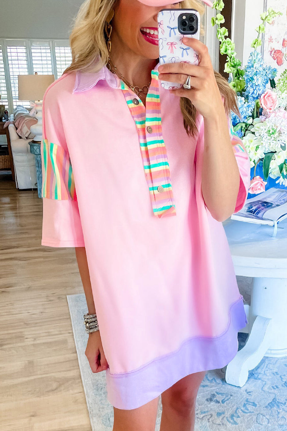 Pink Rainbow Stripe Henley Collar Patchwork Mini Dress