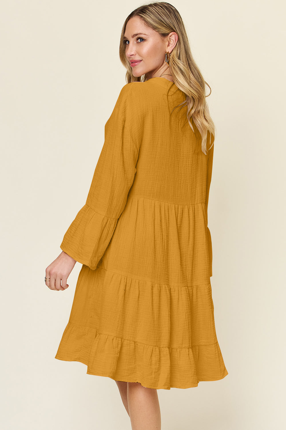 Double Take Full Size Texture Button Up Ruffle Hem Dress