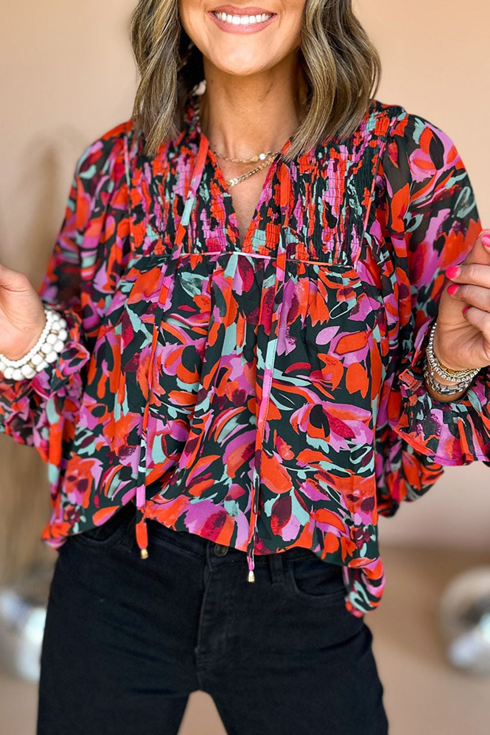 Ruby Floral Shirred V Neck Puff Sleeve Blouse