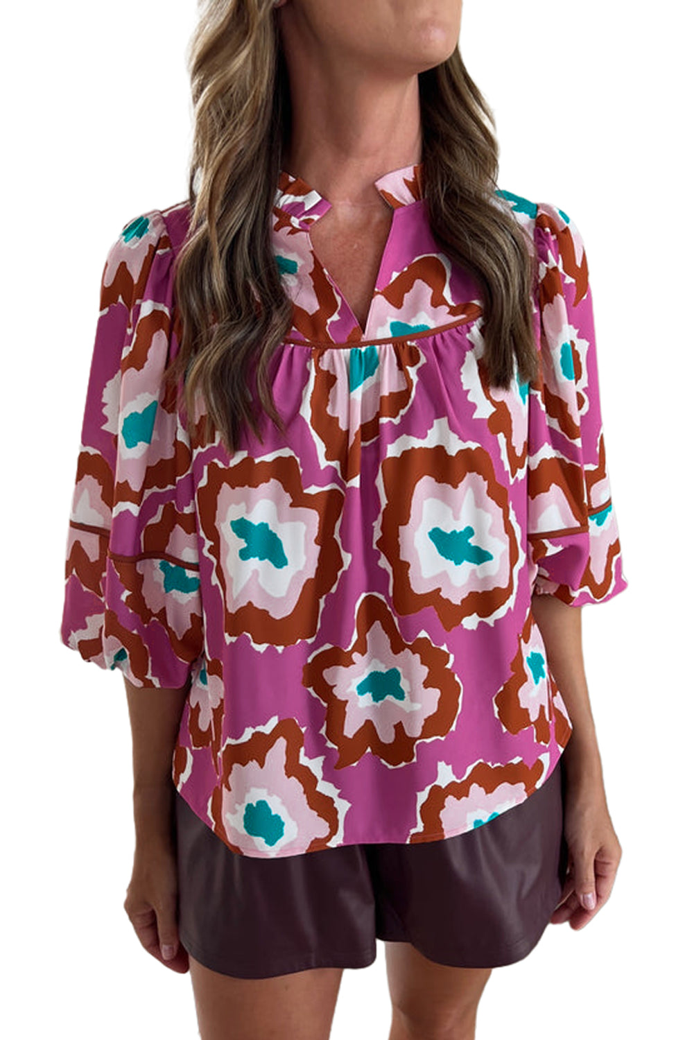 Pink Abstract Print Bubble Sleeve Notch V Neck Blouse