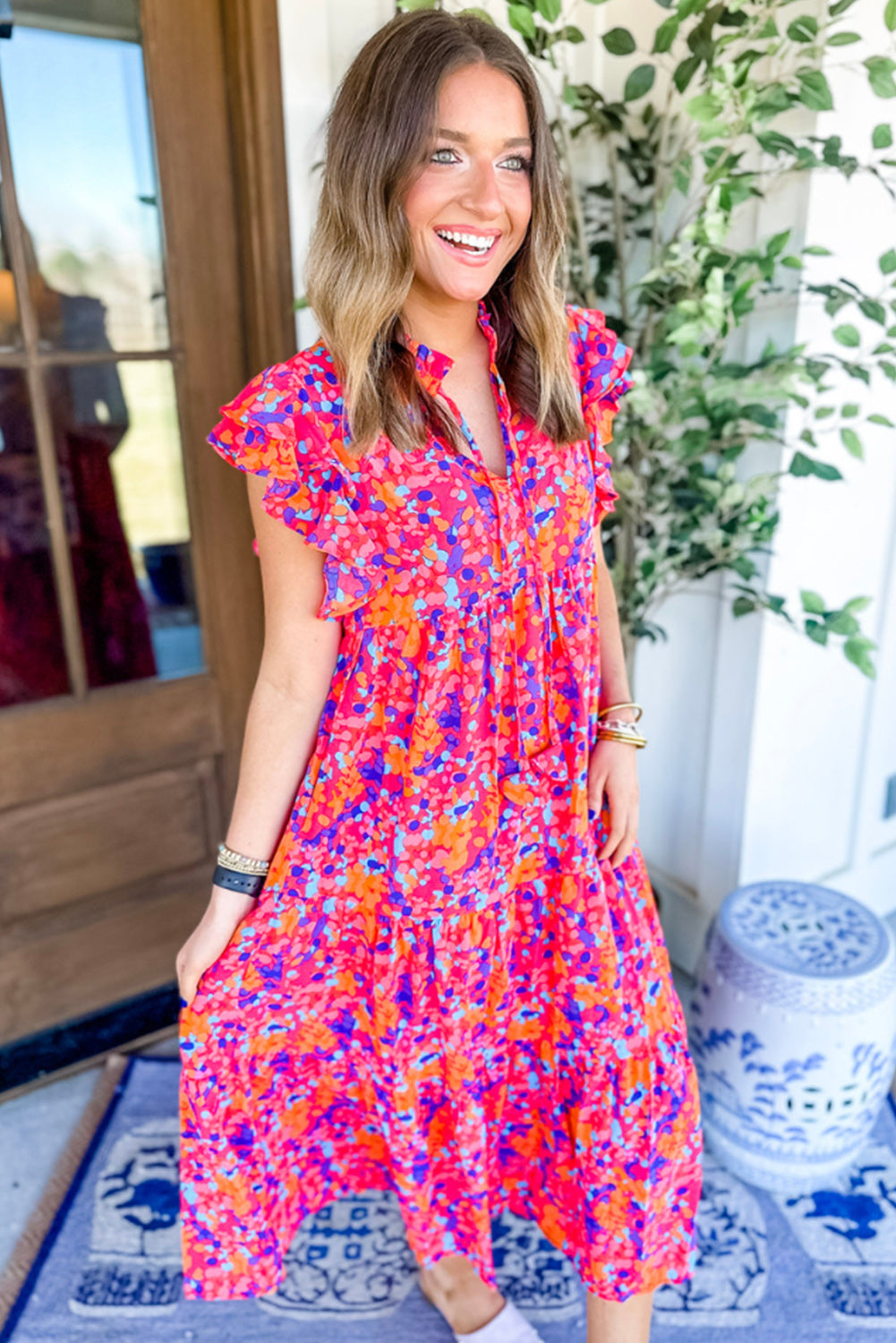 Multicolour Boho Abstract Print Ruffle Shoulder Tiered Midi Dress