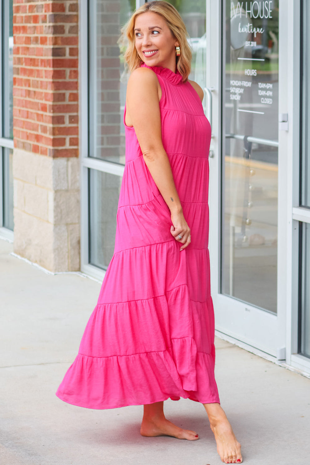 Rose Red Knotted Frill Neck Tiered Flared Maxi Dress