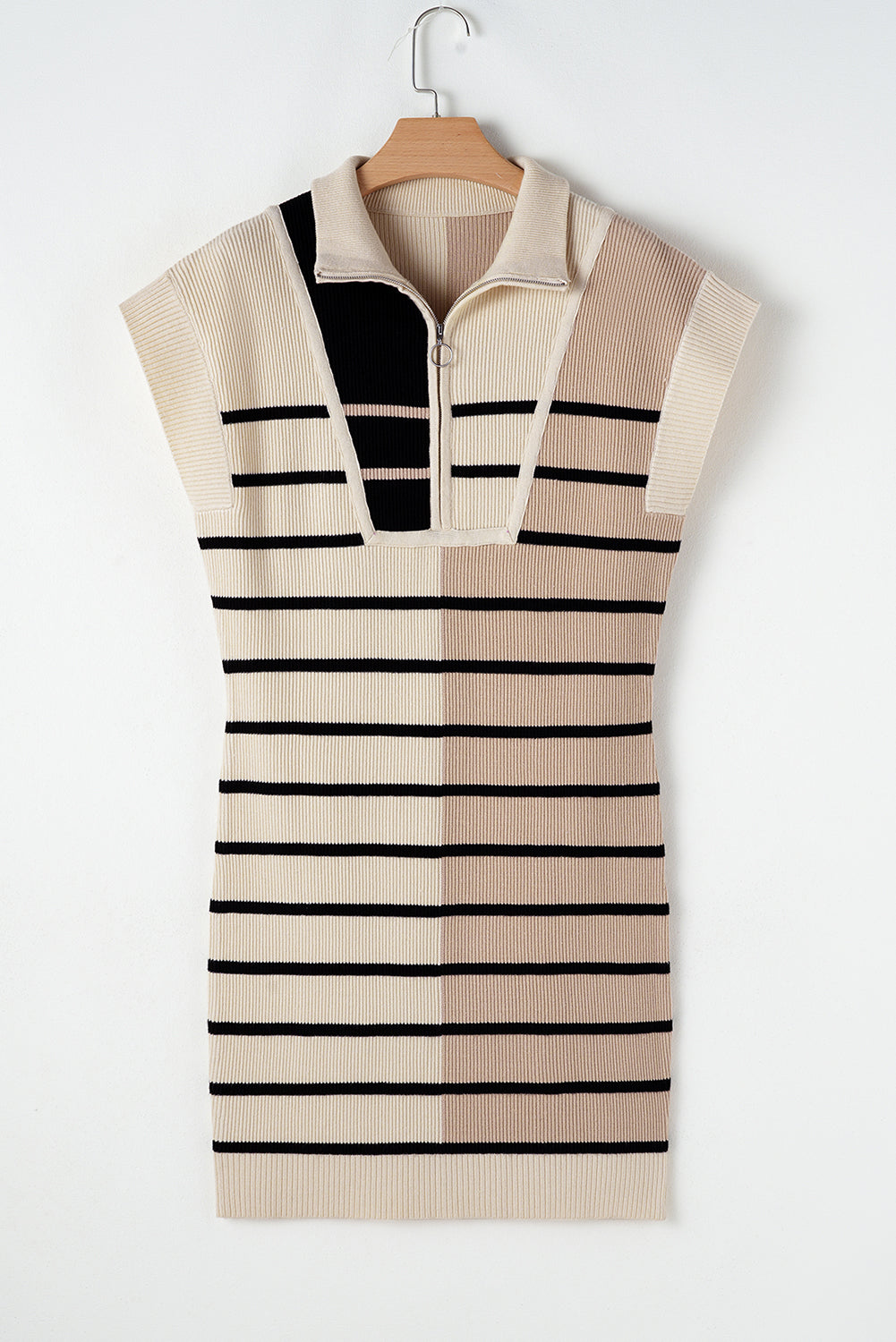 Black Stripe Color Block Short Sleeve Quarter Zip Mini Dress