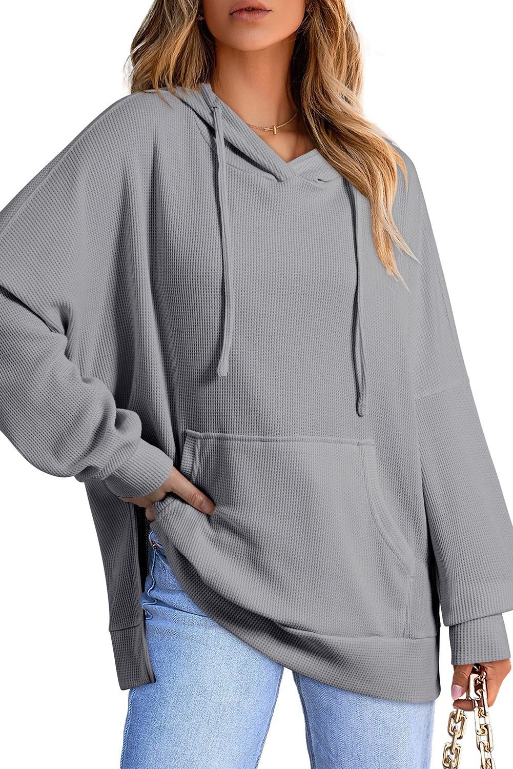 Gray Waffle Knit High Low Oversized Hoodie