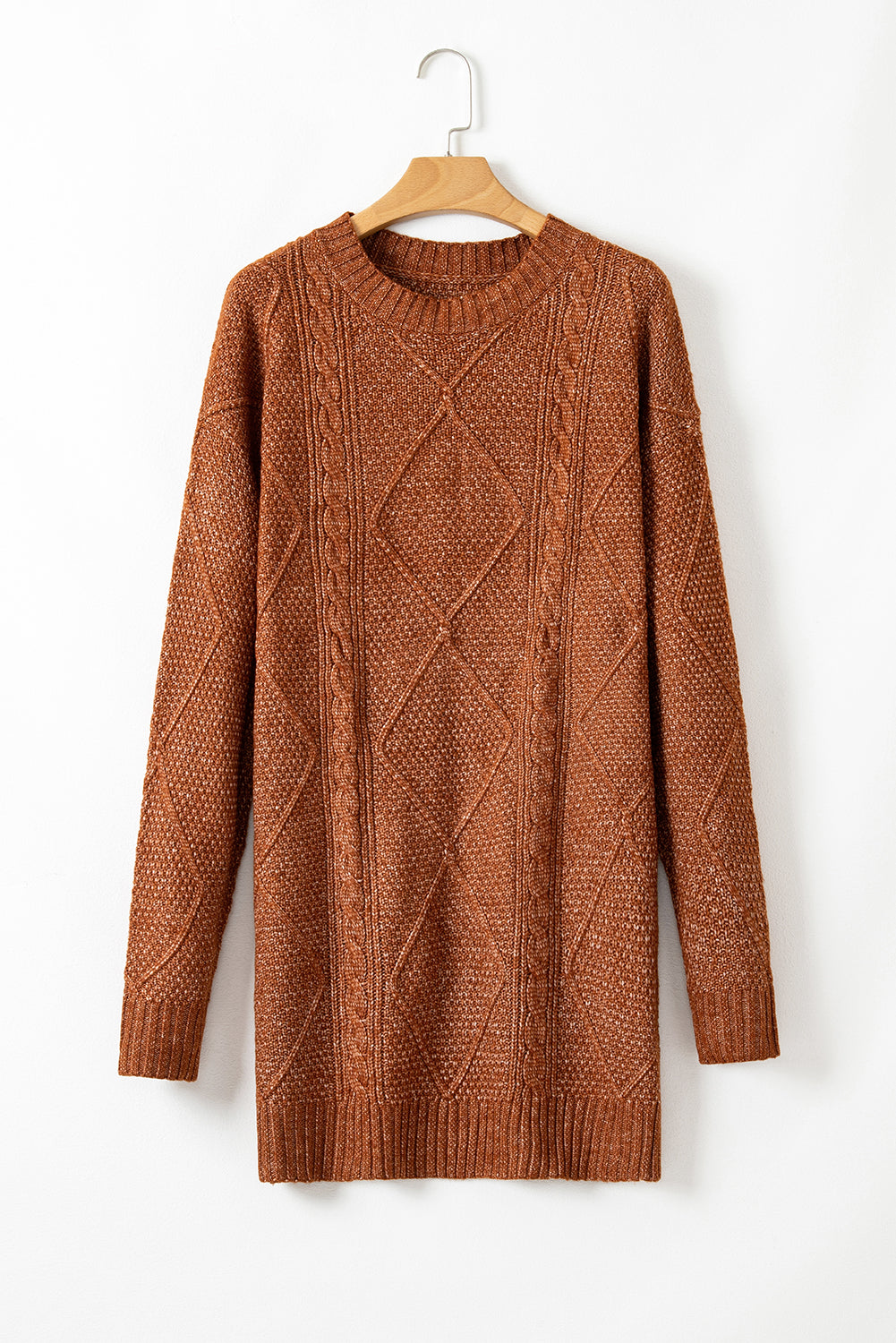 Coffee Twist Cable Knit Drop Shoulder Loose Fit Sweater Dress