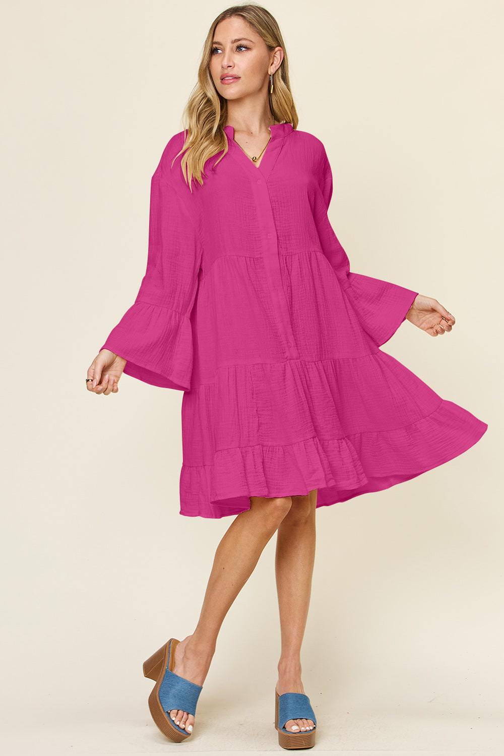 Double Take Full Size Texture Button Up Ruffle Hem Dress