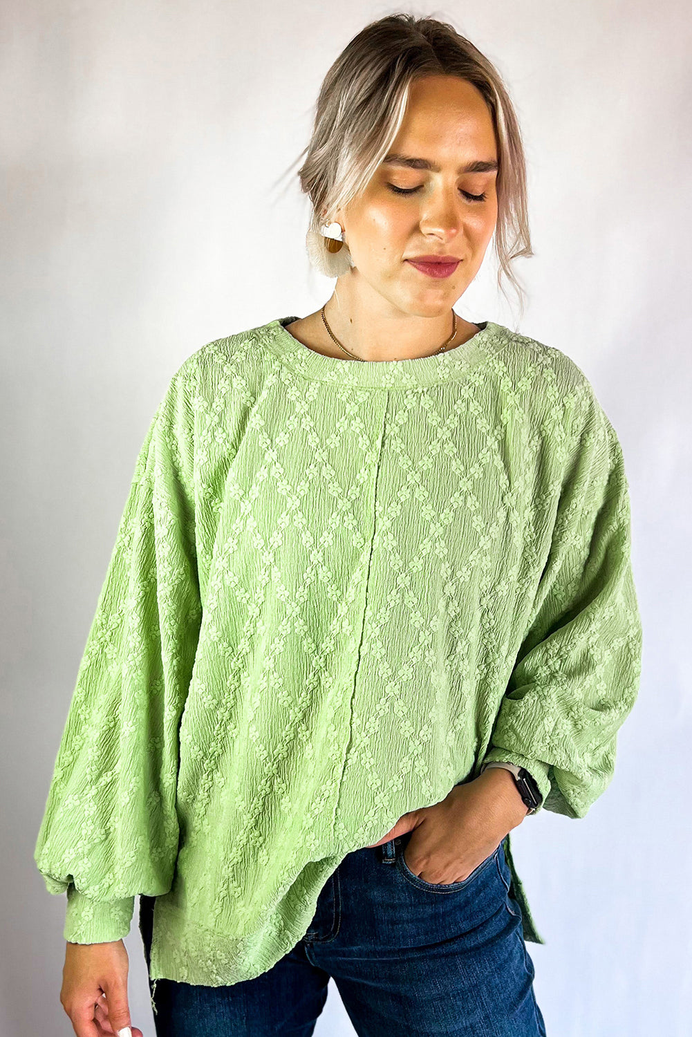 Light Green Solid Color Textured Side Split Drop Shoulder Sweatshirt