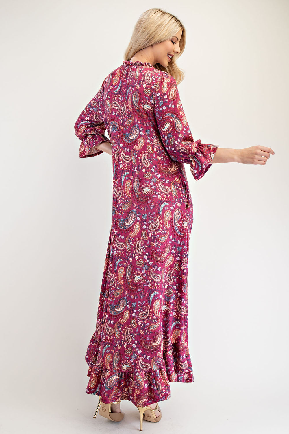 Celeste Full Size Ruffle Hem Paisley Round Neck Dress