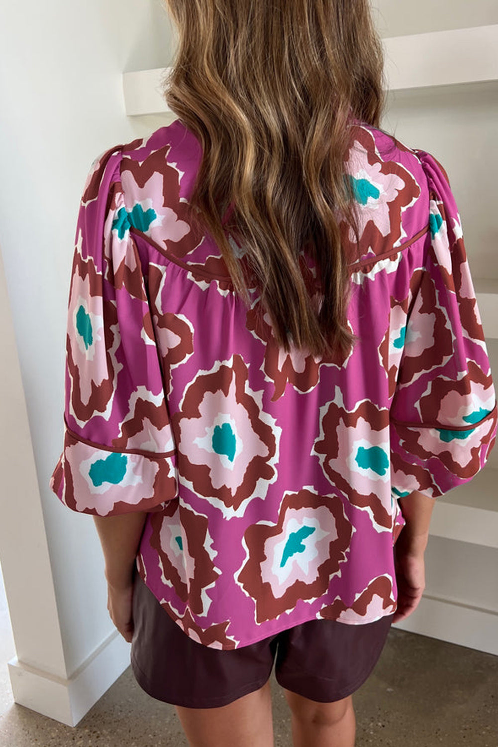 Pink Abstract Print Bubble Sleeve Notch V Neck Blouse