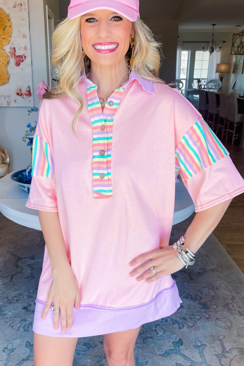 Pink Rainbow Stripe Henley Collar Patchwork Mini Dress