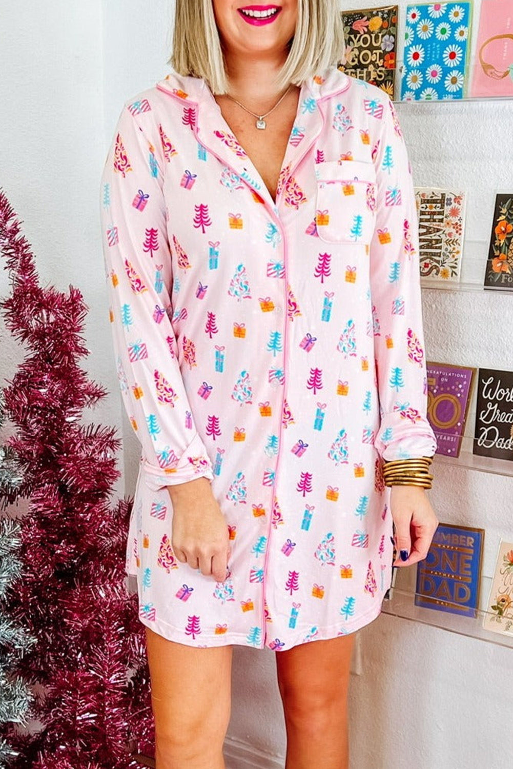 Pink Christmas Twinkle Tree Print Casual Shirt Sleep Dress