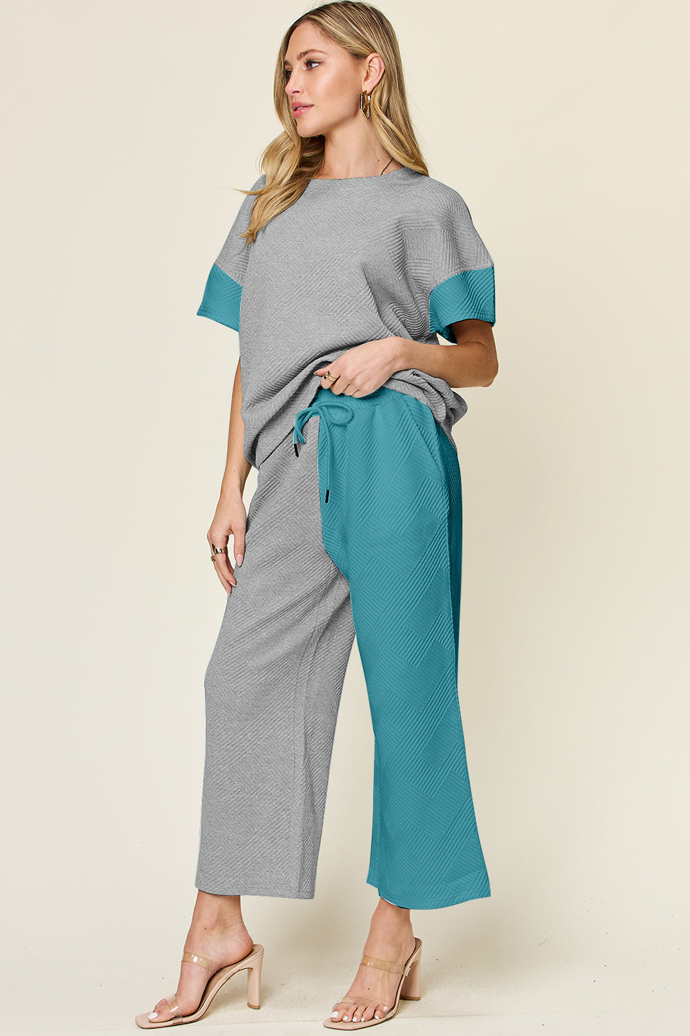 Double Take Full Size Texture Contrast T-Shirt and Wide Leg Pants Set