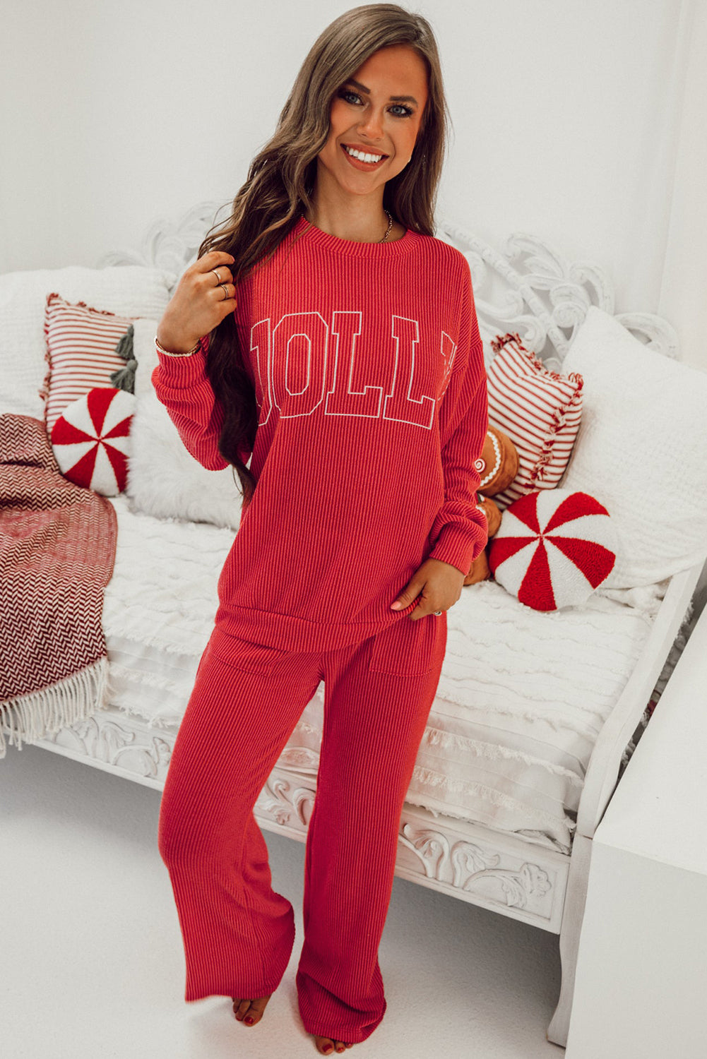 Fiery Red Corded JOLLY Pattern Long Sleeve Top and Pockets Pants Set