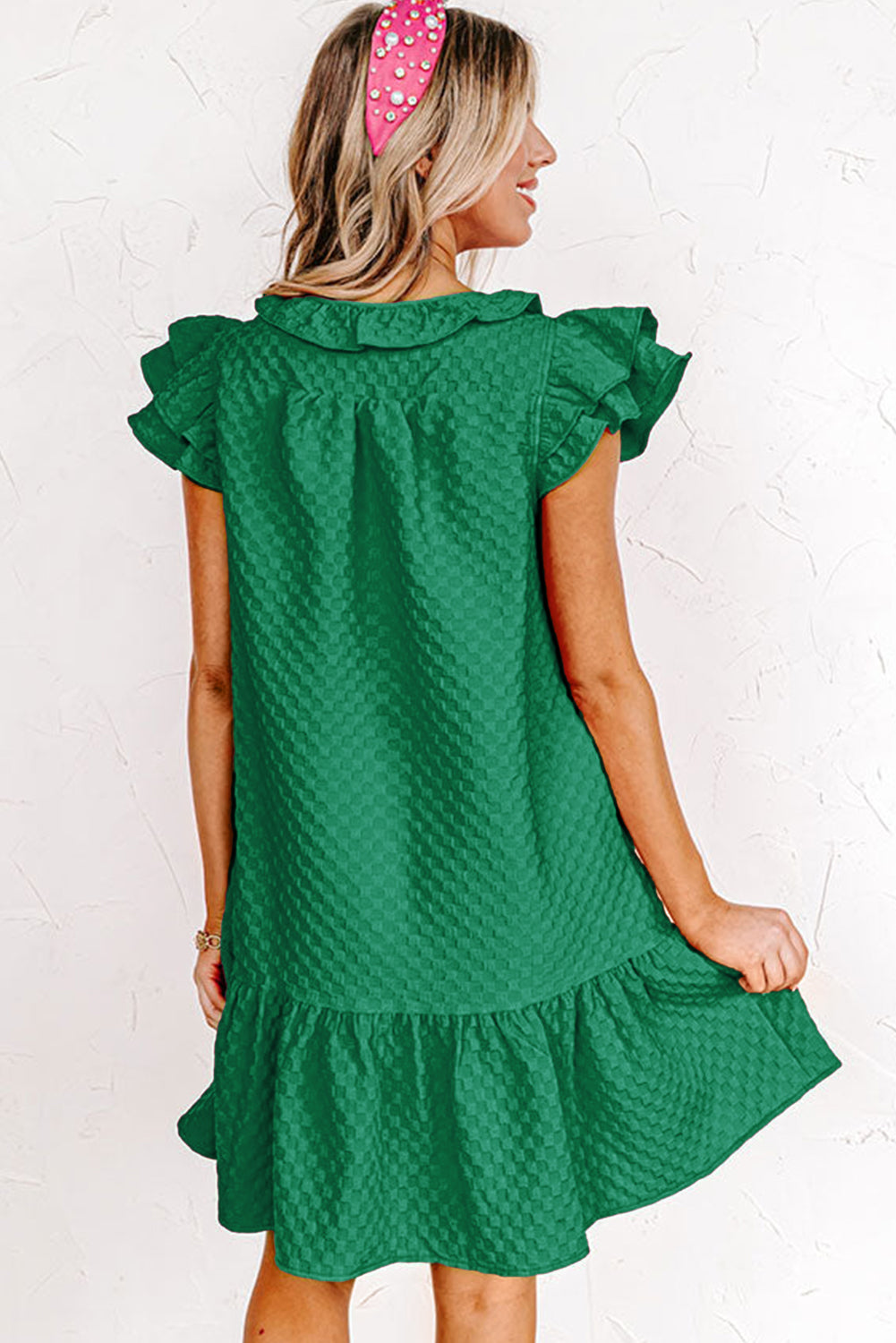 Green Flutter Sleeve Ruffled Textured Shift Dress