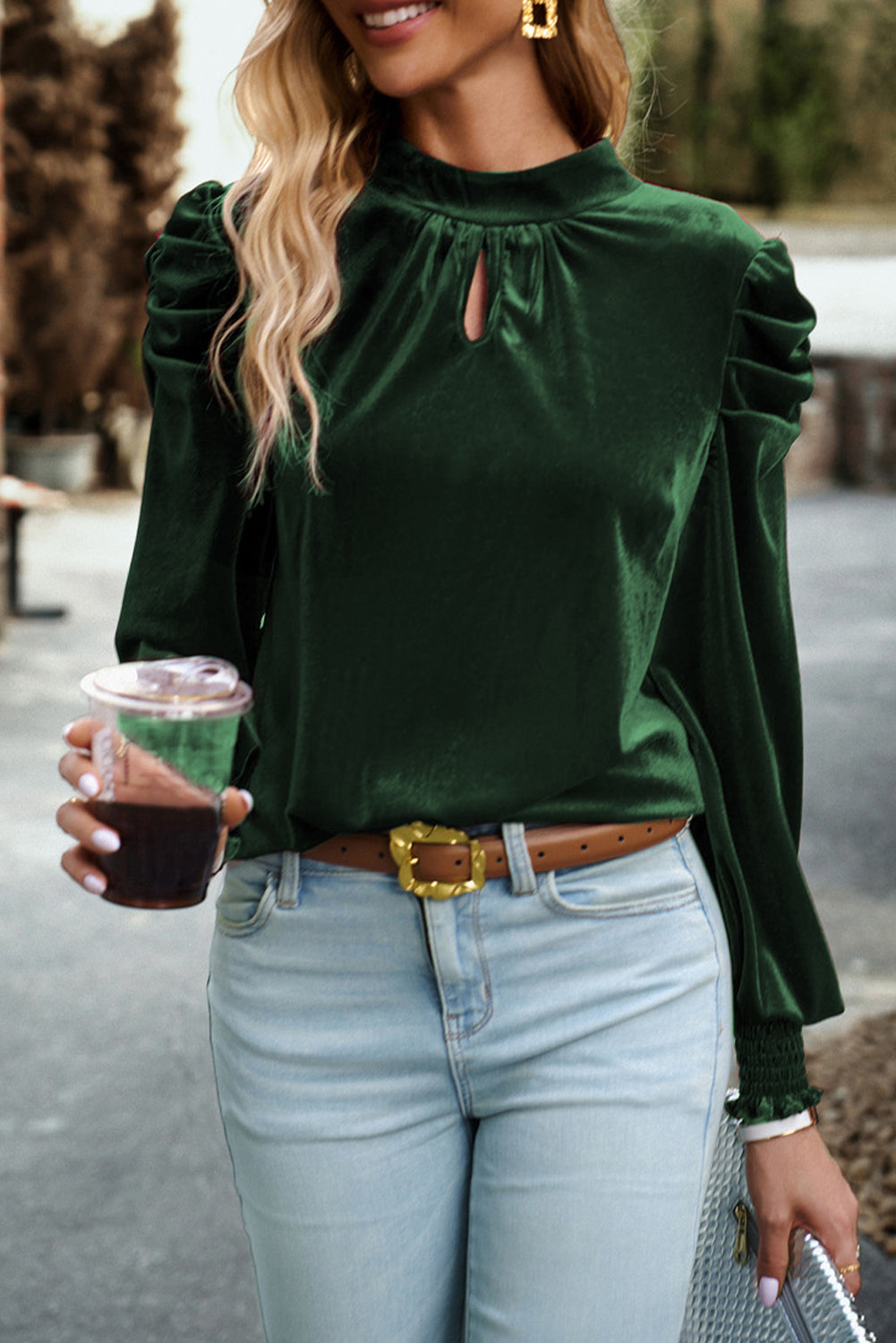 Peach Blossom Mock Keyhole Neck Puff Sleeve Velvet Blouse