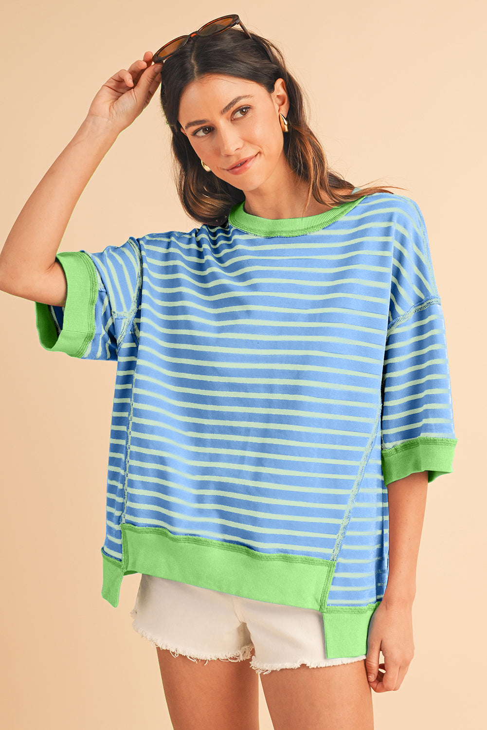 Pink Stripe Colorblock Drop Sleeve Loose Top