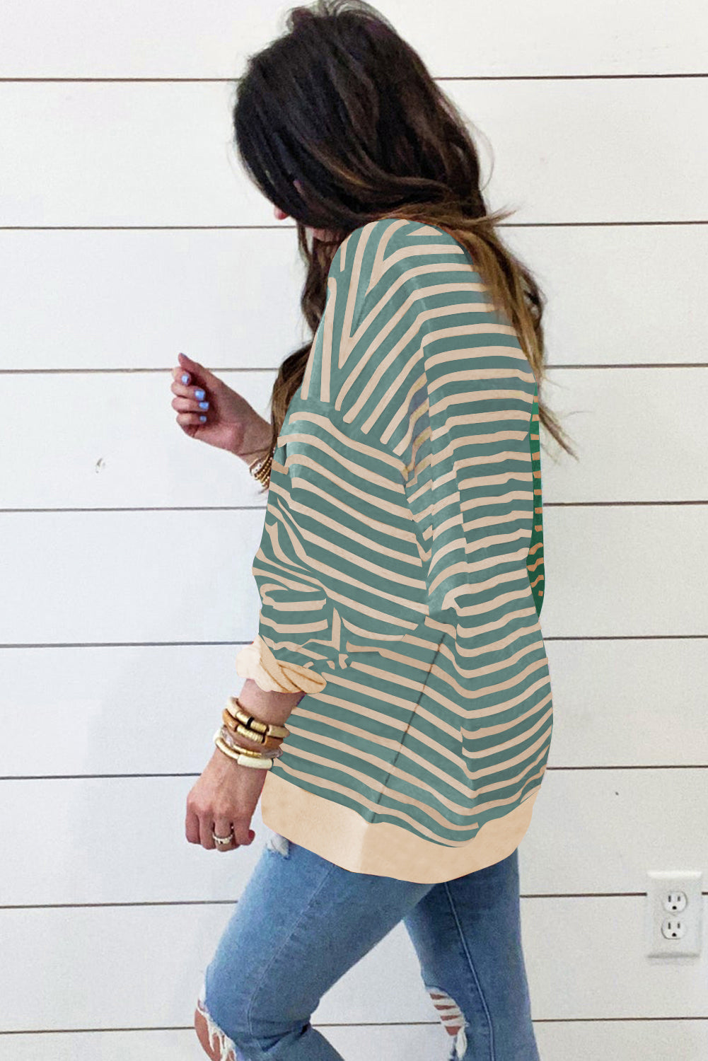 Sky Blue Stripe Colorblock Drop Shoulder Oversize Sweatshirt