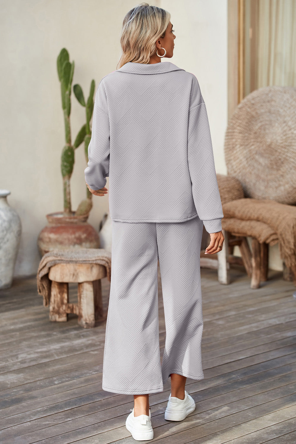 Textured Collared V Neck Top and Wide Leg Pants Set