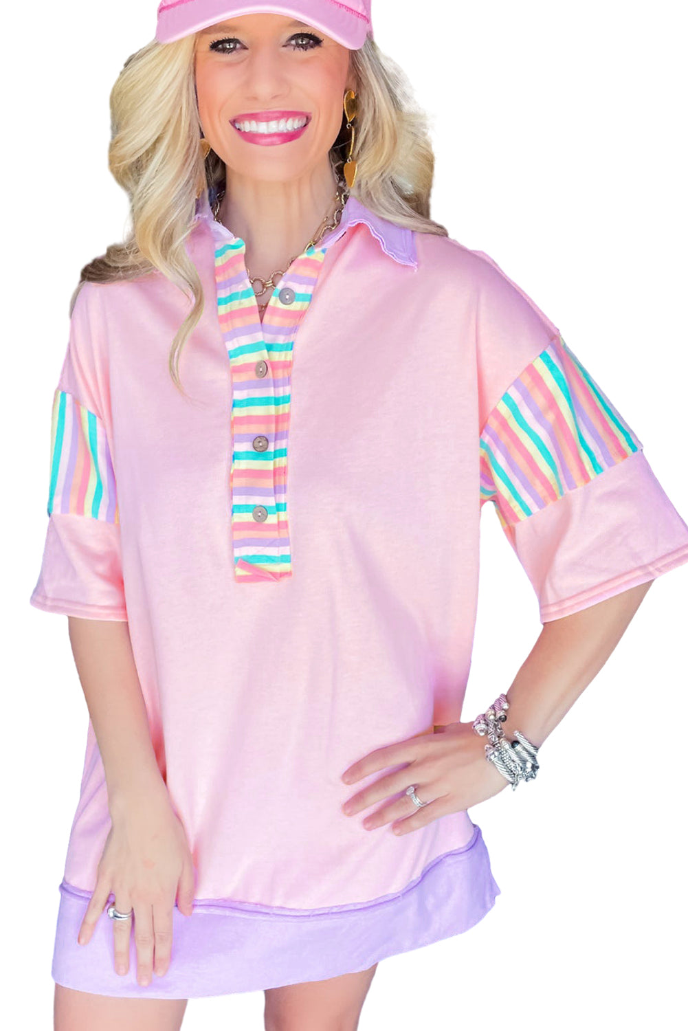 Pink Rainbow Stripe Henley Collar Patchwork Mini Dress