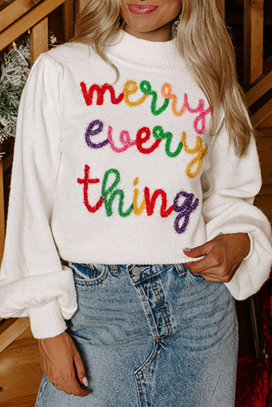 White Colorful Tinsel Merry Every Thing Graphic Mock Neck Sweater