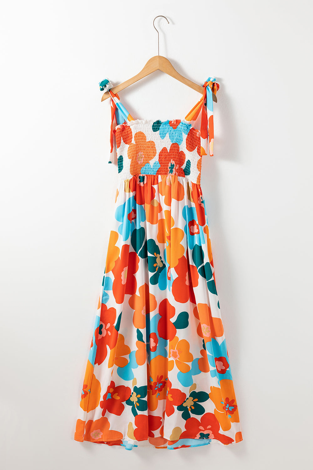 Orange 60s Floral Printed Shoulder Tie Smocked Maxi Dress