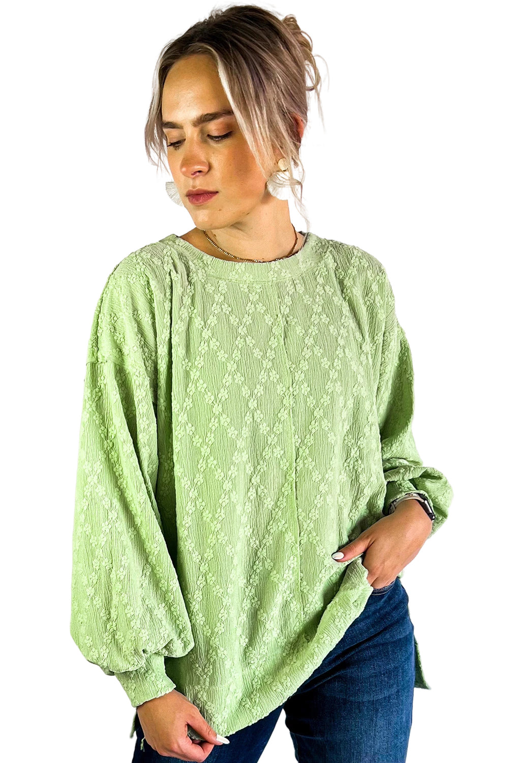 Light Green Solid Color Textured Side Split Drop Shoulder Sweatshirt