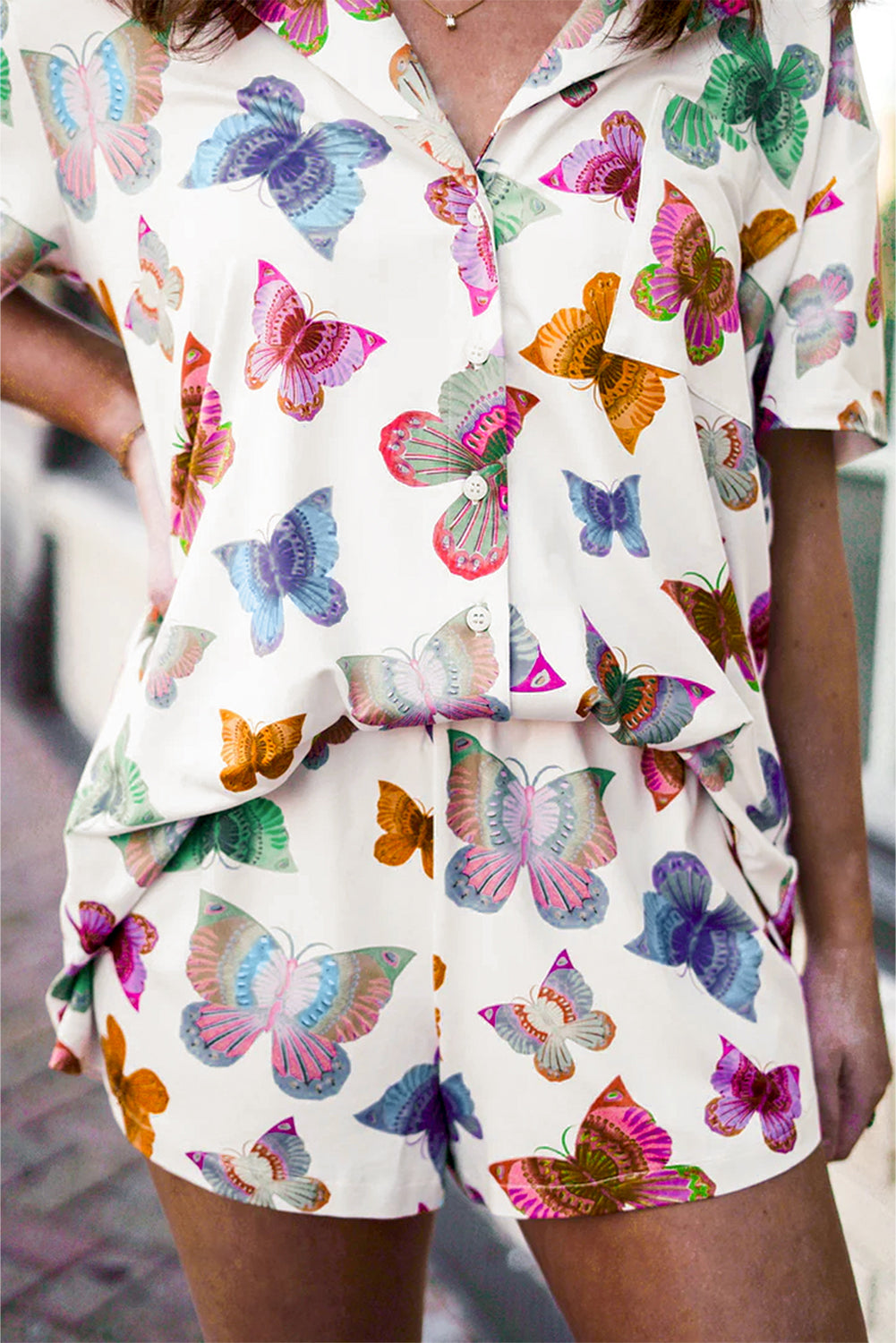 Multicolour Butterfly Print Button-up Shirt & Shorts Pajama Set