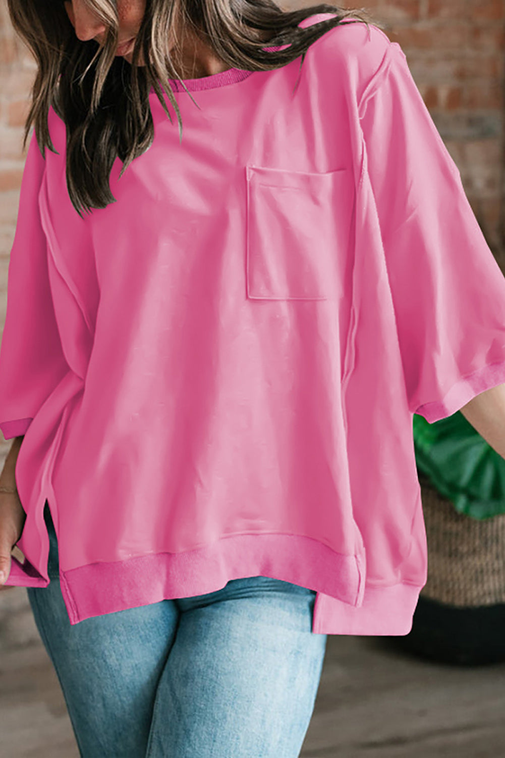 Light Grey Exposed Seam Pocket Side Split Loose T Shirt