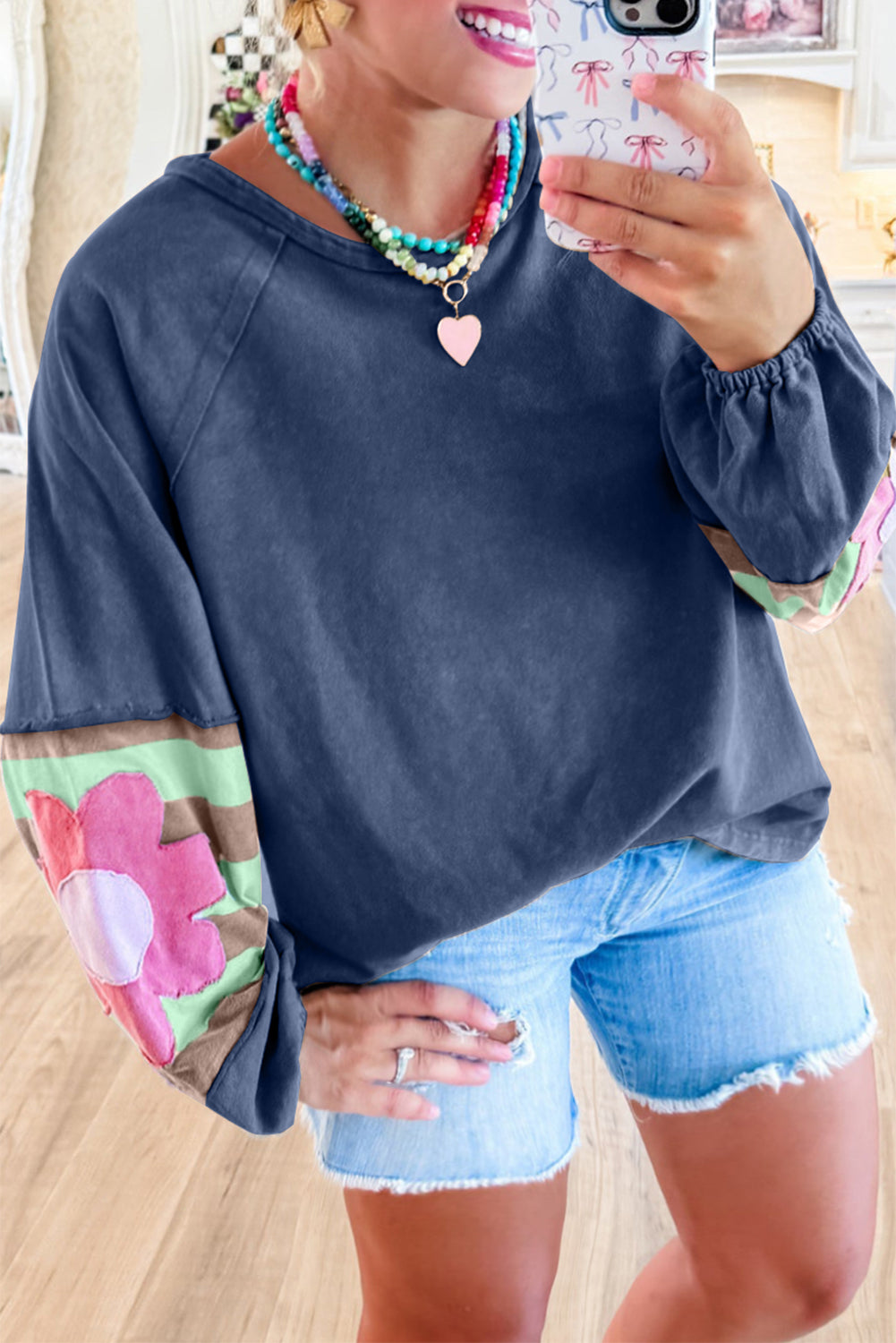 DUNE Flower Patchwork Exposed Seam Raglan Sleeve Top