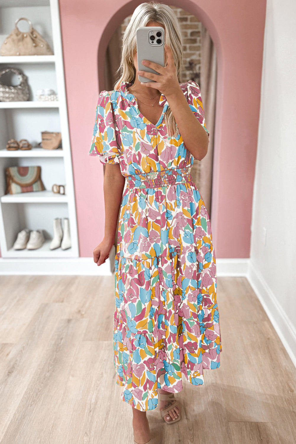 Rose Floral Flounce Sleeve Smocked Waist Tiered Maxi Dress