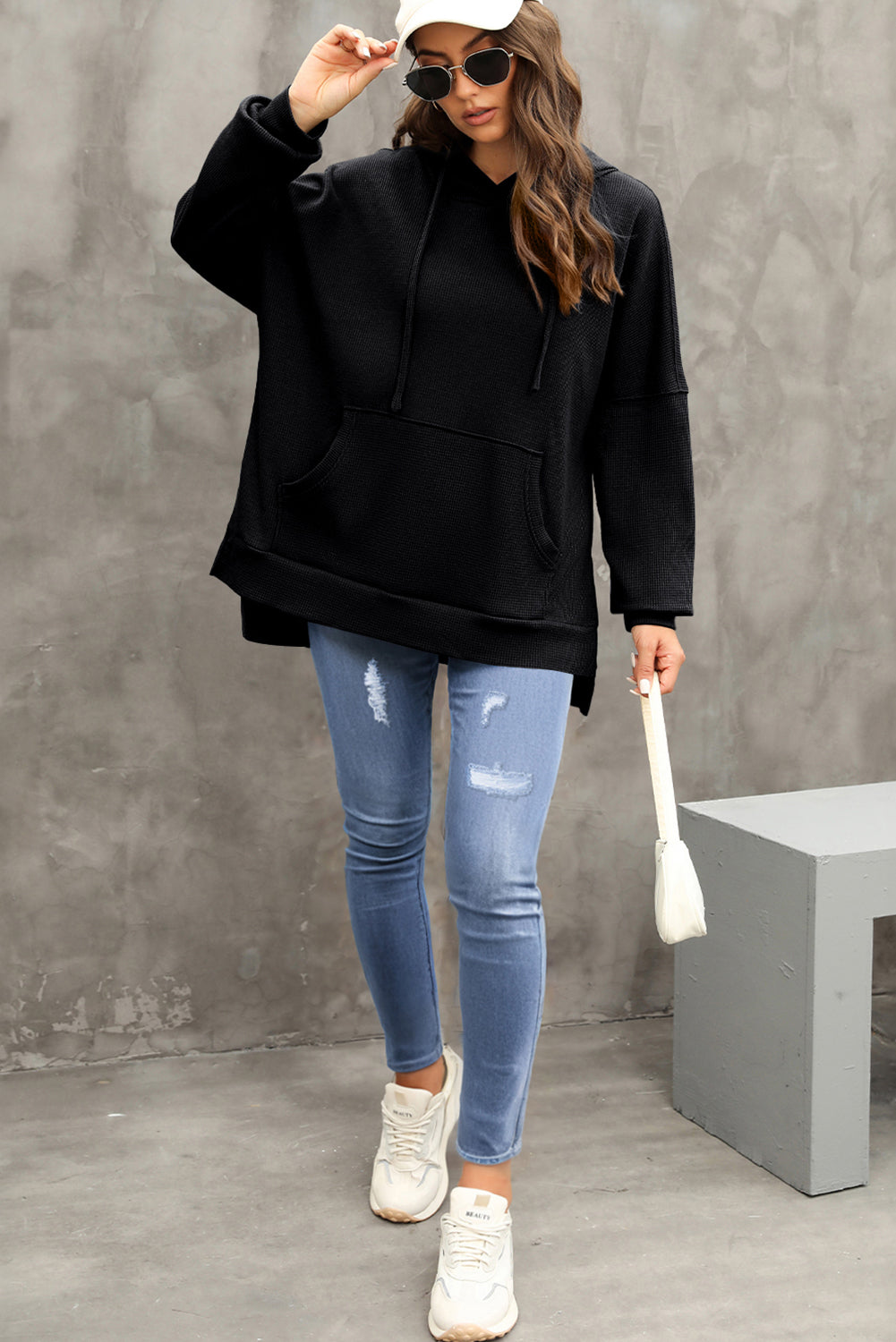 Gray Waffle Knit High Low Oversized Hoodie