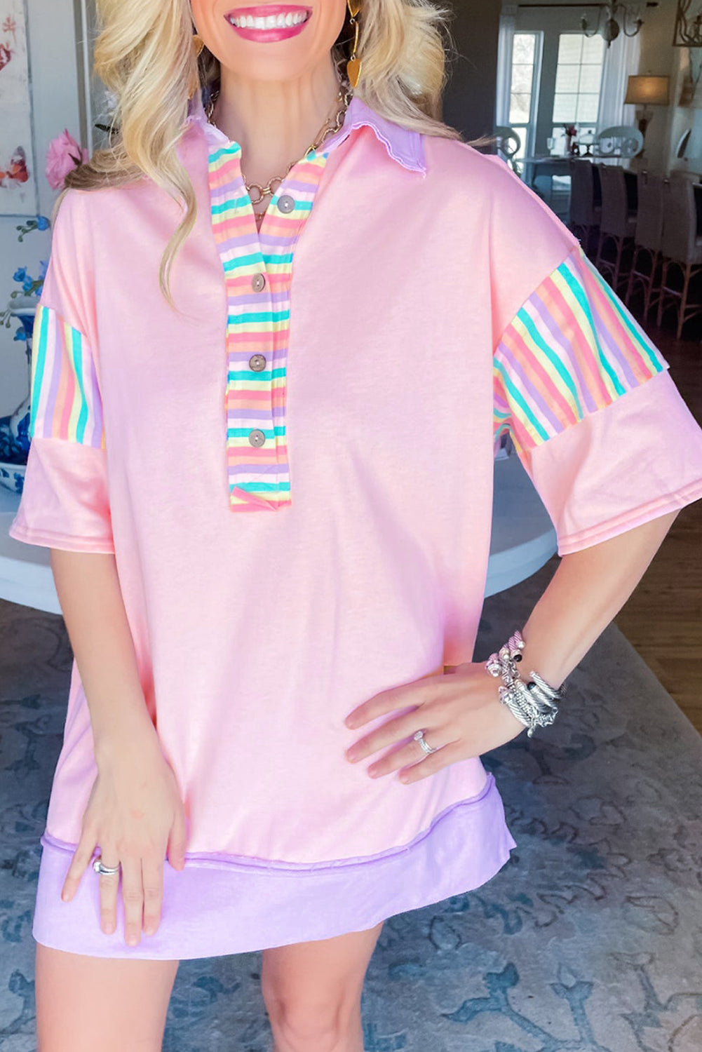 Pink Rainbow Stripe Henley Collar Patchwork Mini Dress