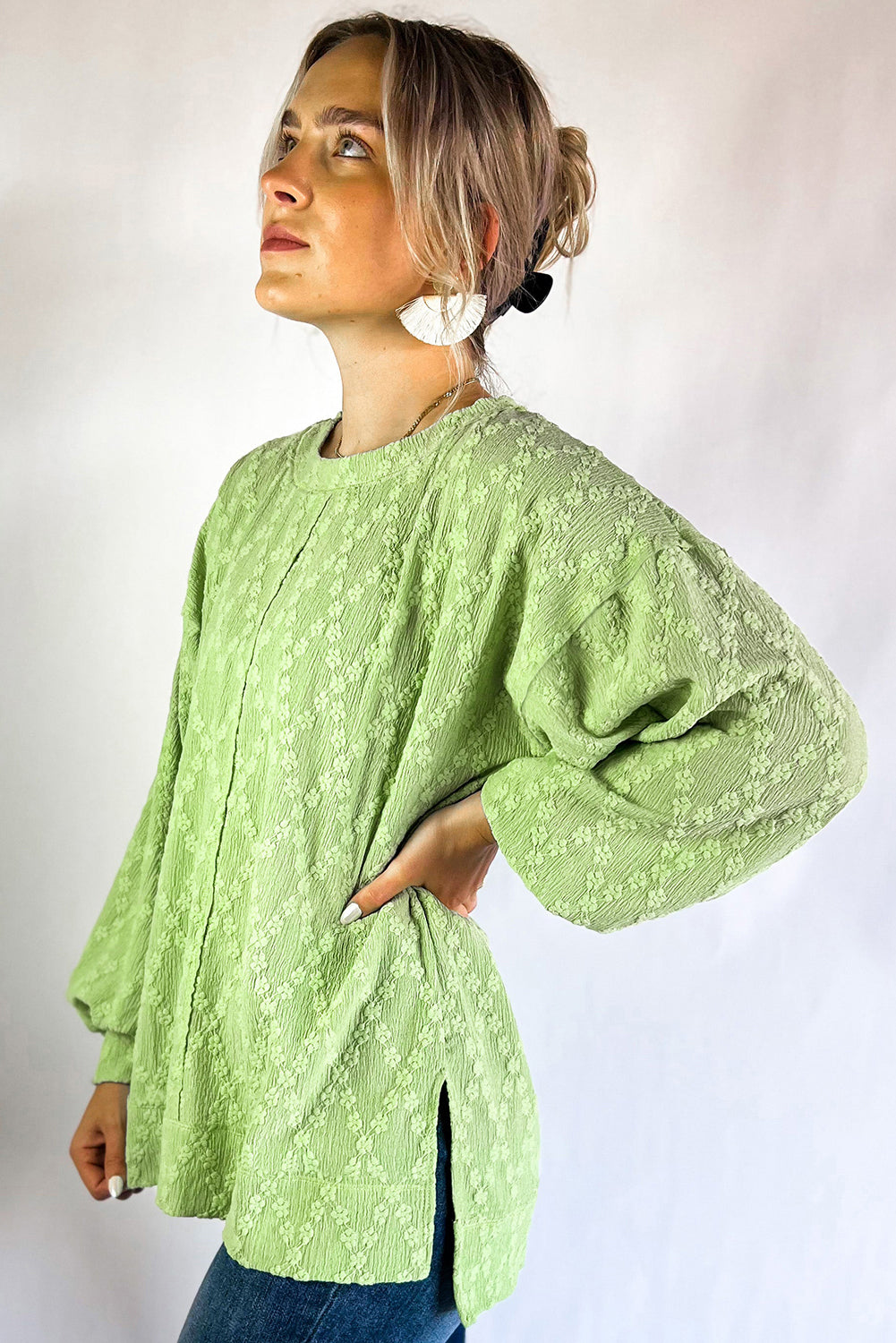 Light Green Solid Color Textured Side Split Drop Shoulder Sweatshirt