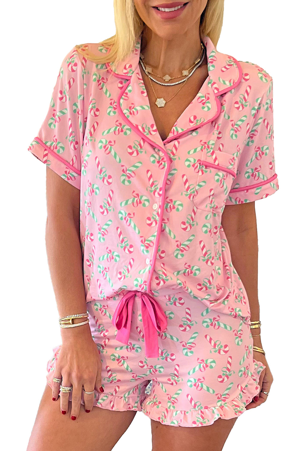 Pink Christmas Candy Cane Print Knotted Pajama Set