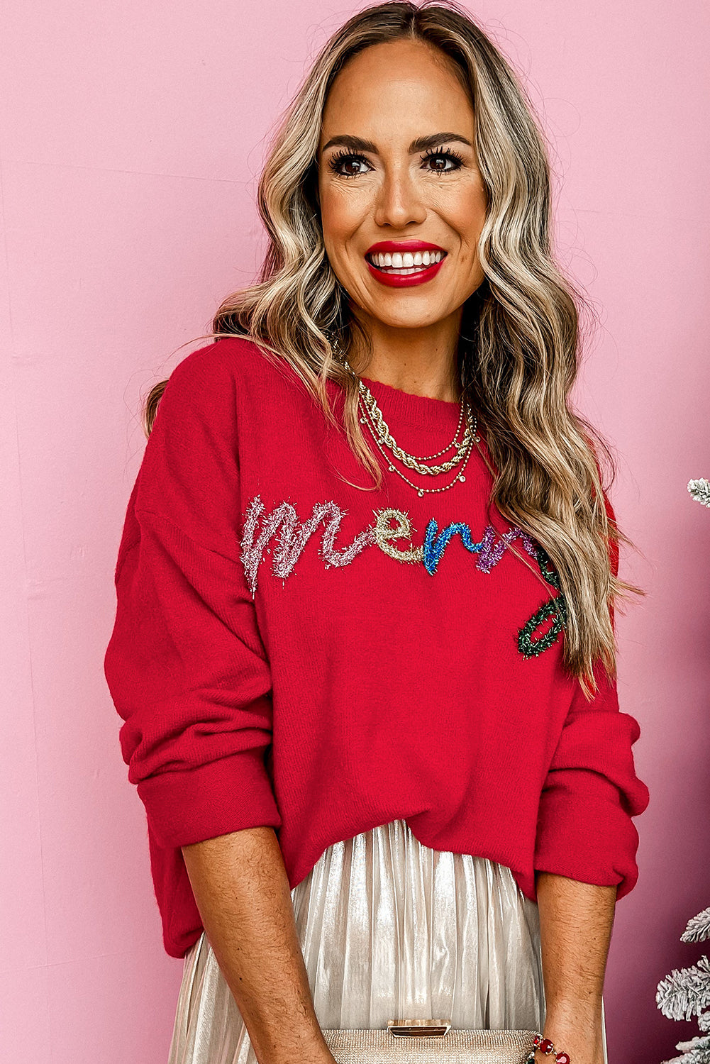 Fiery Red Tinsel Merry Letter Drop Shoulder Baggy Sweater