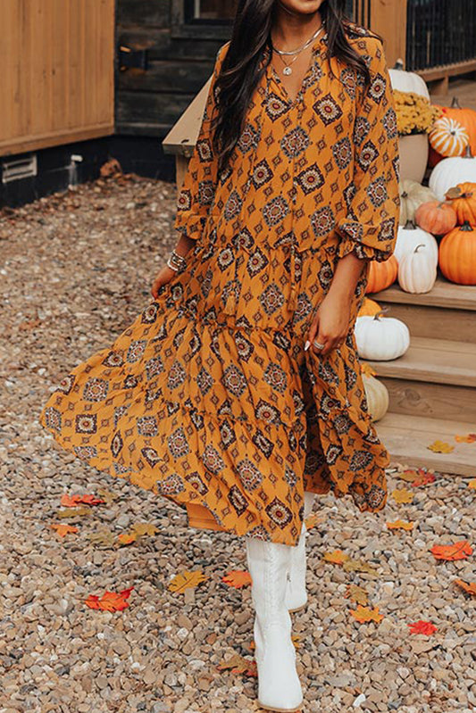 Orange Geometric Print Tiered Frilled Loose Fit Midi Dress