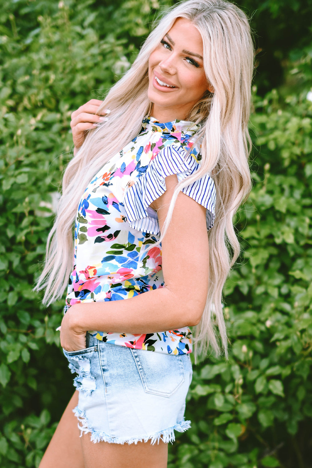 Light Blue Floral Print Striped Ruffled Sleeve Blouse