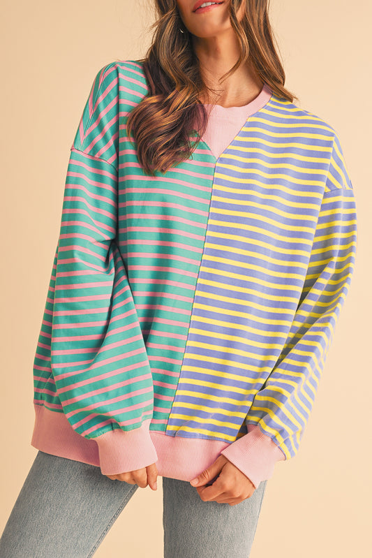 Sky Blue Stripe Colorblock Drop Shoulder Oversize Sweatshirt