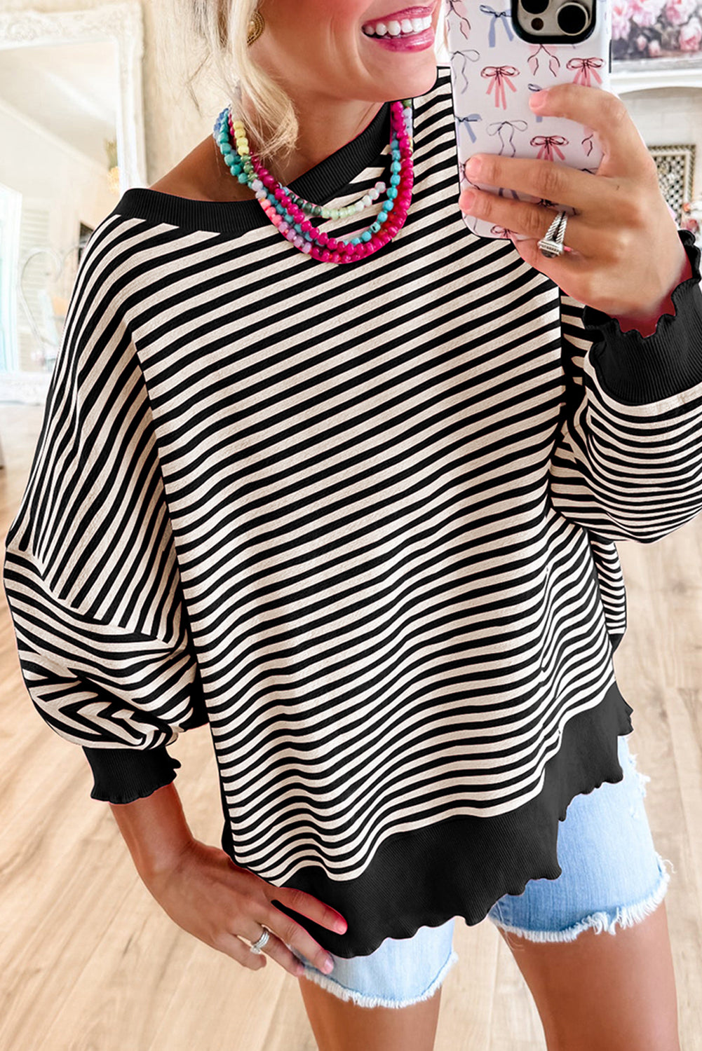 Brown Stripe Drop Shoulder Long Sleeve Top