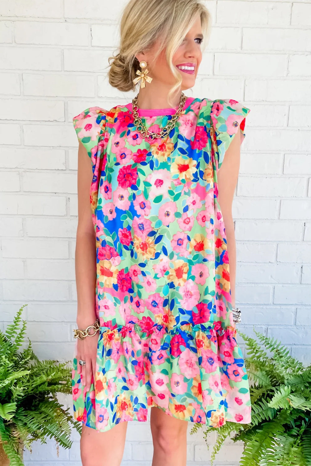 Multicolour Vibrant Floral Print Cap Sleeve Frill Dress