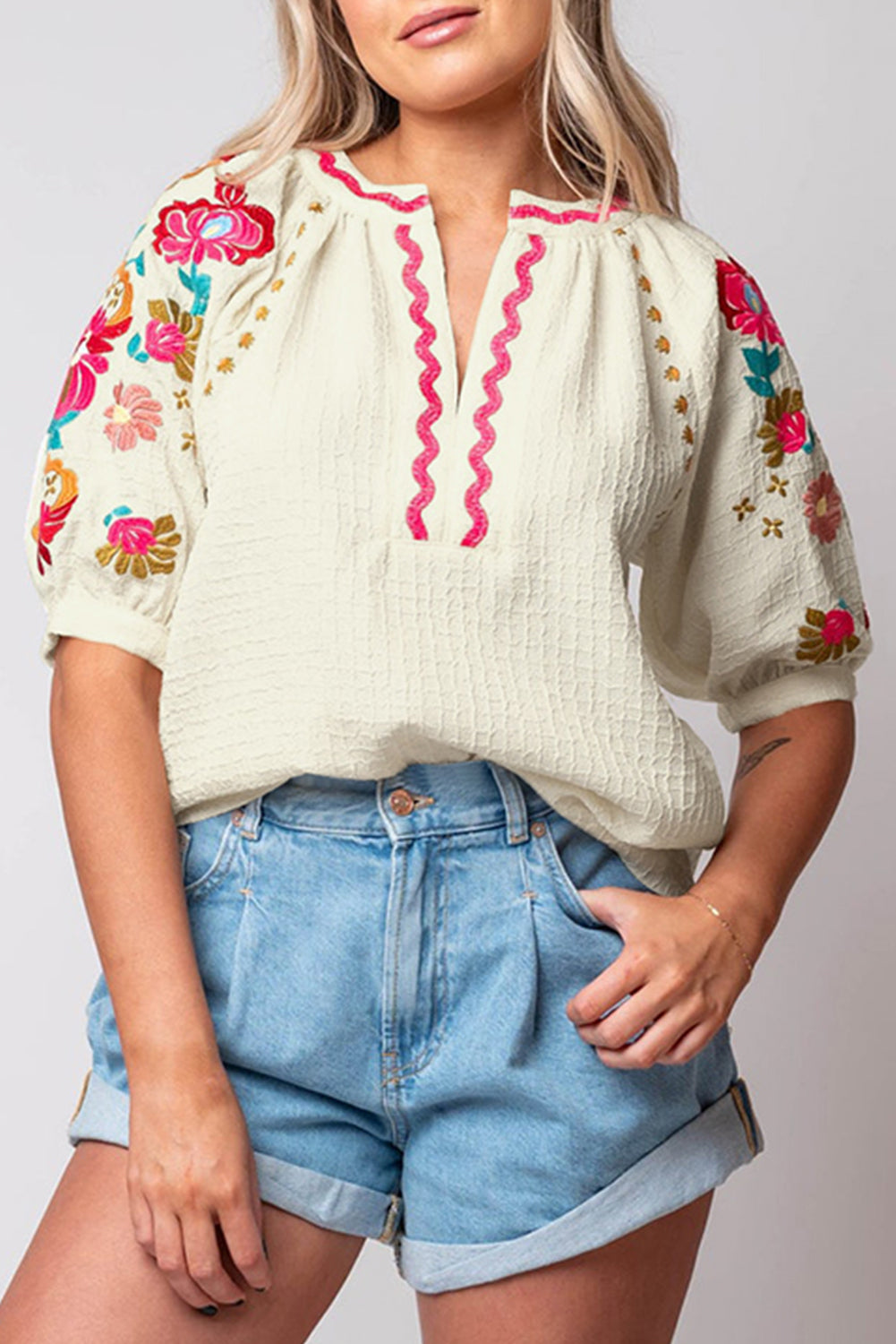 Beige Floral Embroidered Puff Sleeve Ricrac Textured Blouse