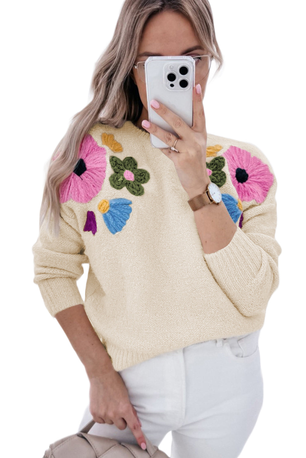 Pink 60s Flower Pattern Ribbed Edge Sweater