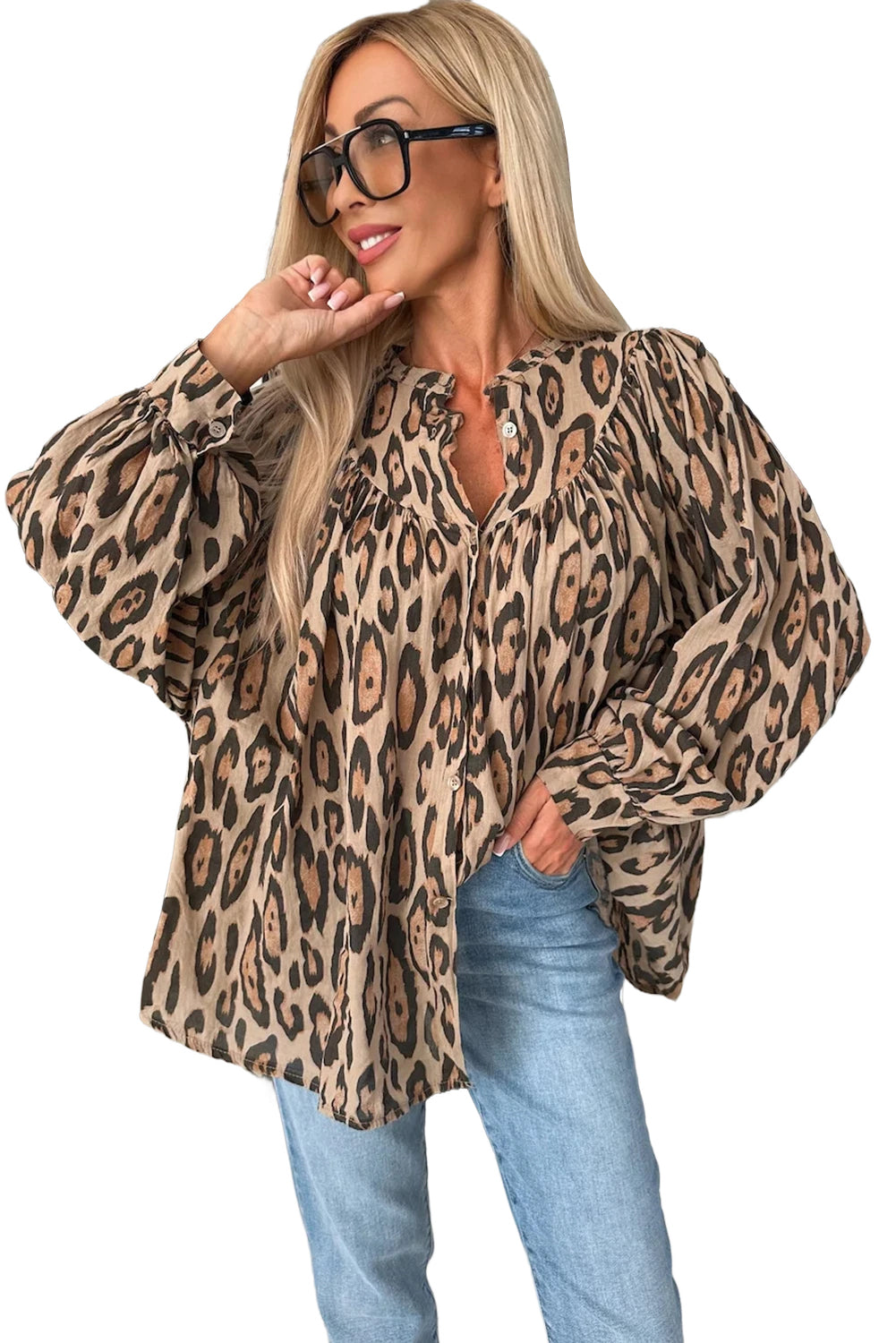 Light French Beige Leopard Print Balloon Sleeve Loose Blouse