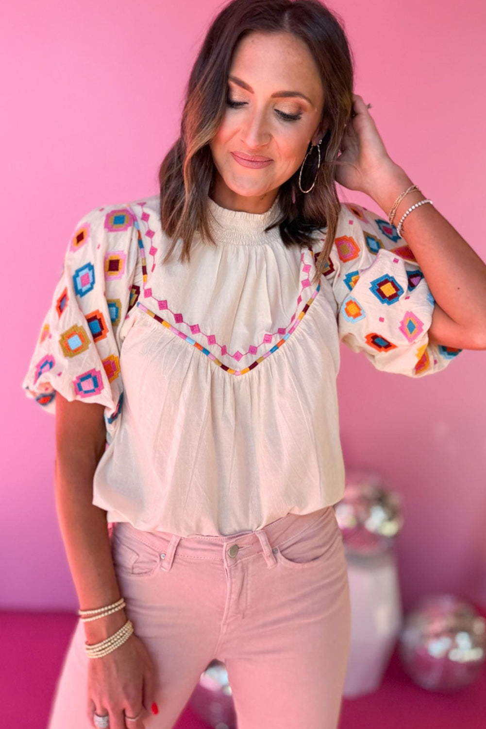 White Geometric Embroidered Smocked Neck Puff Sleeve Top