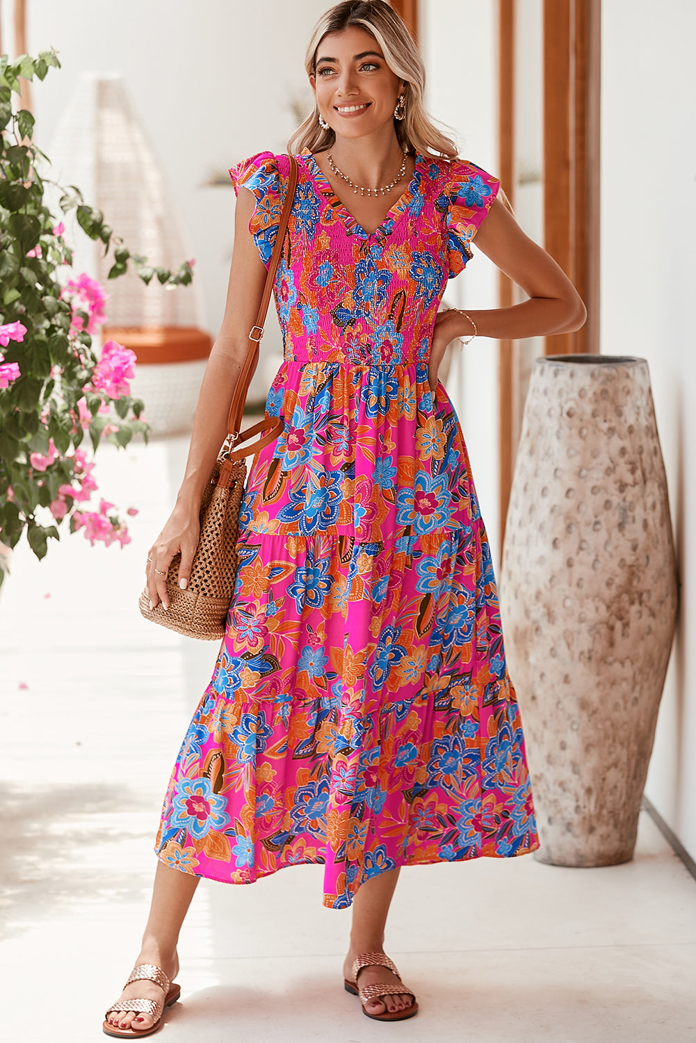 Boho Floral V Neck Ruffle Tiered Long Dress