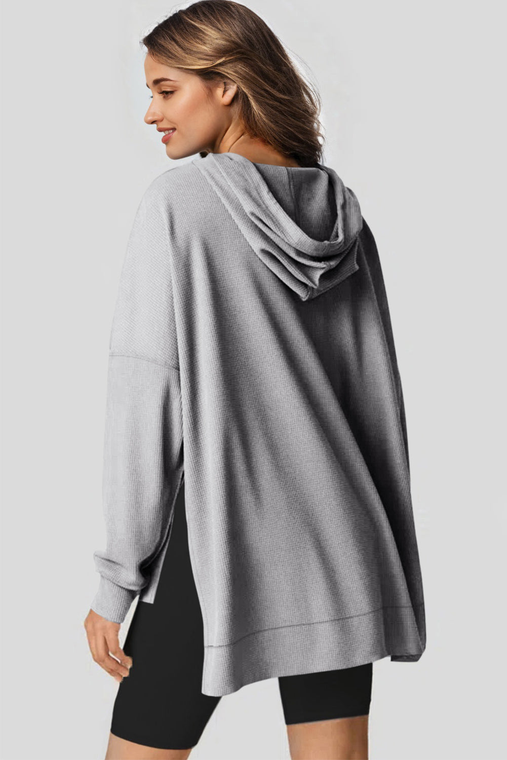 Gray Waffle Knit High Low Oversized Hoodie